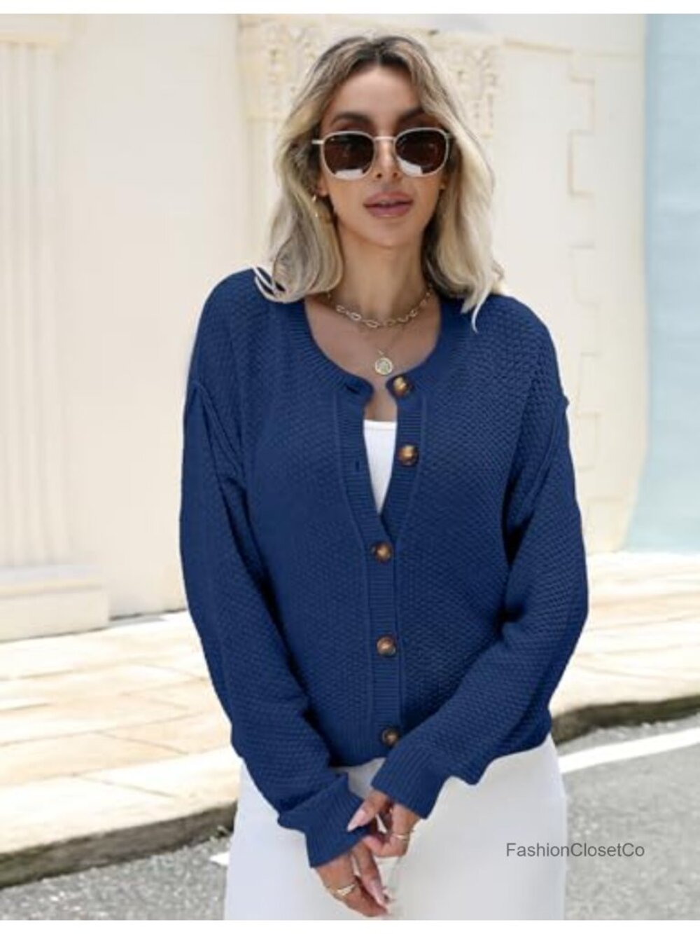 Cropped Cardigan Women Button Down Knit Sweater Long Sleeve Crew Neck Soft - Picture 3 of 6